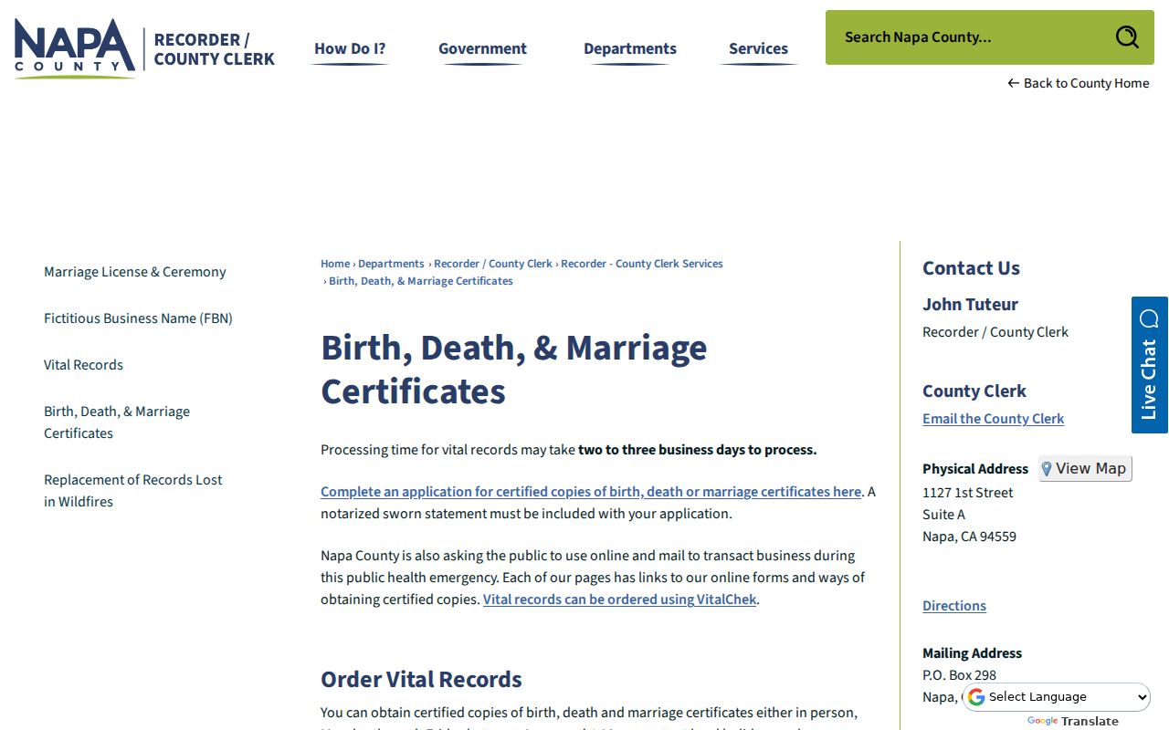 Napa public records page for vital certificate fees and request channels