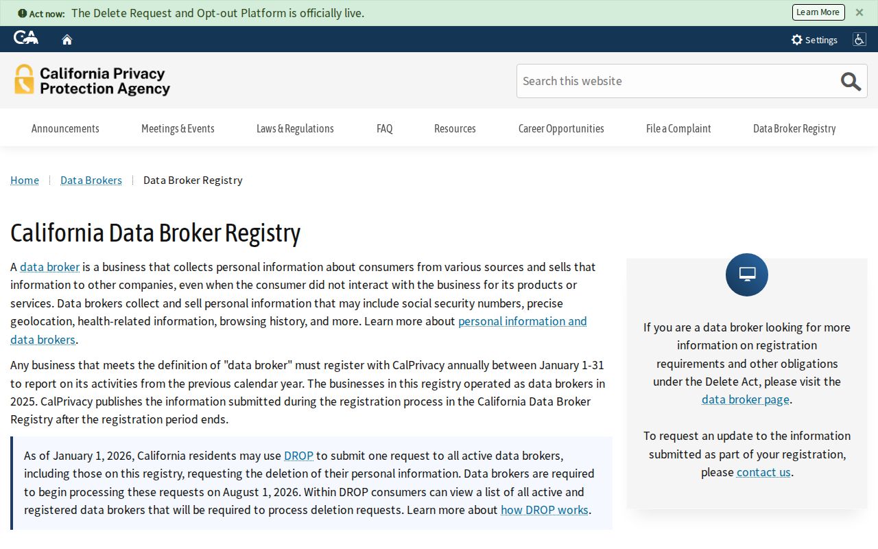 California privacy registry information related to protection around Napa voter records