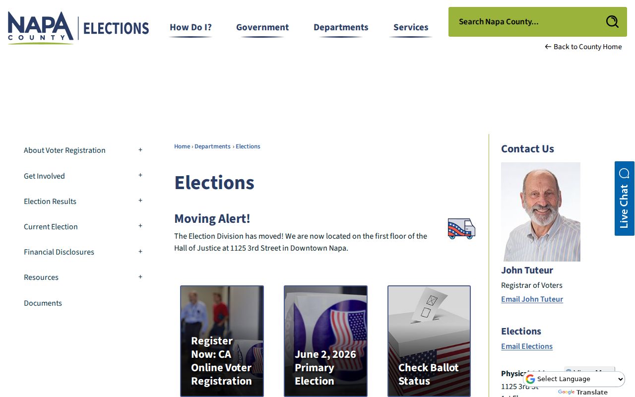 Napa County Elections office page for voter registration records and contact help